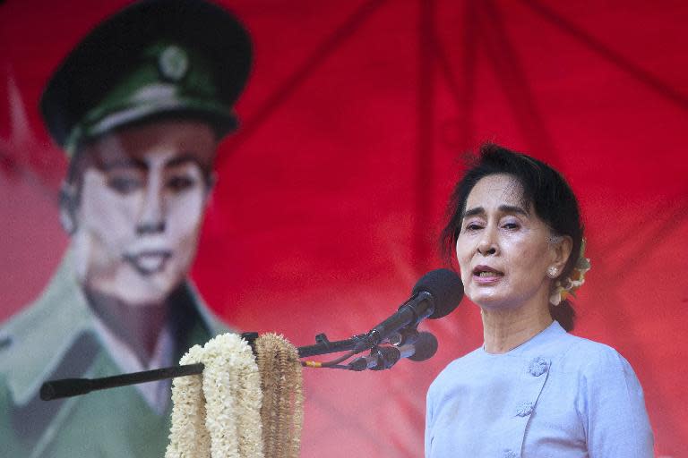 Myanmar pro-democracy leader Aung San Suu Kyi addresses supporters during a rally at Mawlamyaing, Mon State in Myanmar on May 17, 2015