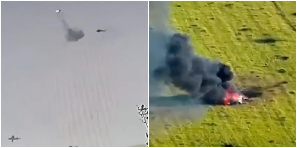 A side-by-side view of two screenshots from video posted by Ukraine's 47th brigade on September 2, 2023, showing left an indistinct puff of smoke from an explosion in the sky and a falling Russian airplane, and right, a flaming mass in a field, reportedly near Robotyne, Ukraine.