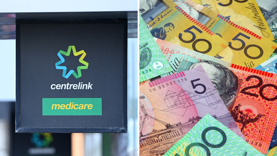 A composite image of a Centrelink sign and logo ont he exterior of a building and Australian currency.