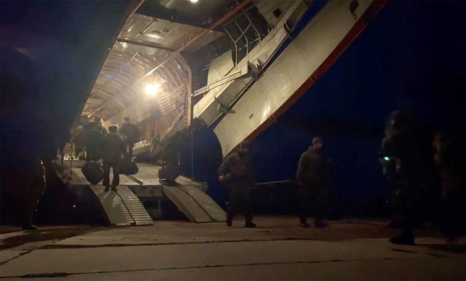 A plane of the Russian Defence Ministry carrying units of the Russian Airborne Troops as part of the Peacekeeping Forces of the Collective Security Treaty Organization (CSTO) arrives in Kazakhstan