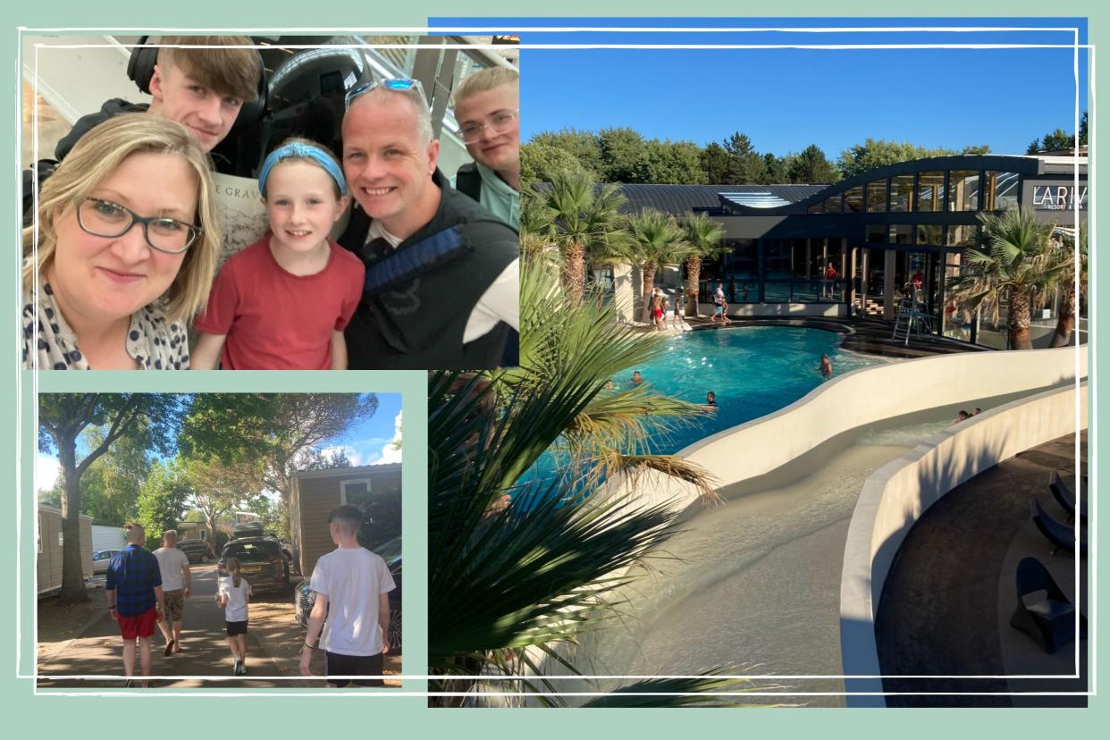  Three images of our writer and her family at the waterpark at Eurocamp's La Rive resort in France . 