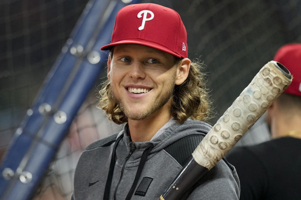 Philadelphia Phillies third baseman Alec Bohm waits to hit during batting practice before Game 2 of baseball's World Series between the Houston Astros and the Philadelphia Phillies on Saturday, Oct. 29, 2022, in Houston. (AP Photo/Eric Gay)