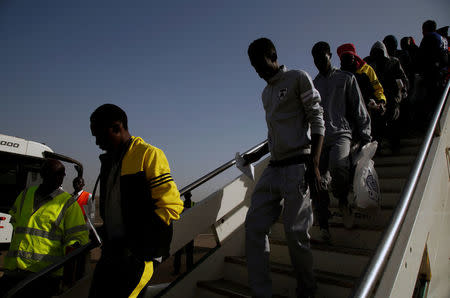 Gambian migrants deported from Libya arrive at the airport in Banjul, Gambia April 4, 2017. REUTERS/Luc Gnago