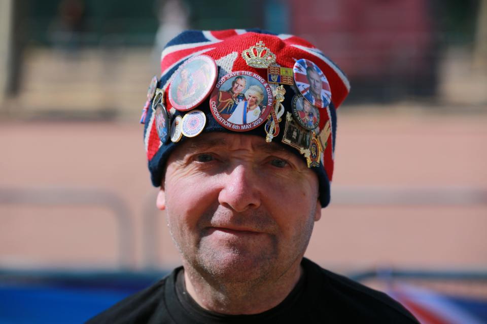 London, UK. 29 April 2023. Royal superfan John Loughrey, 68, of Streatham, will be camping for the next week on The Mall in anticipation of the coronation of King Charles III on May 6. Credit: Waldemar Sikora/Alamy Live News