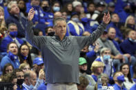 Kentucky coach John Calipari gestures during the second half of the team's NCAA college basketball game against Southern in Lexington, Ky., Tuesday, Dec. 7, 2021. (AP Photo/James Crisp)
