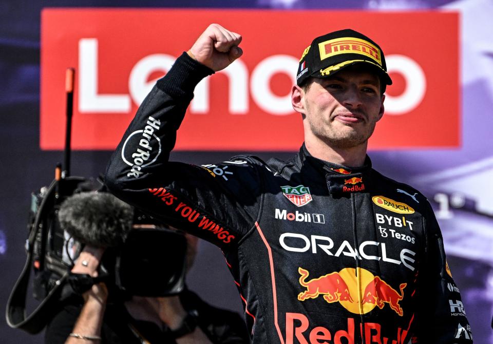 Seen here, Red Bull's Dutch driver Max Verstappen celebrates after winning the French Grand Prix. 