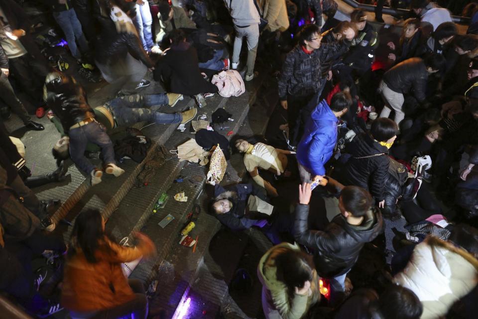 A view of a stampede incident during a New Year's celebration on the Bund, a waterfront area in central Shanghai