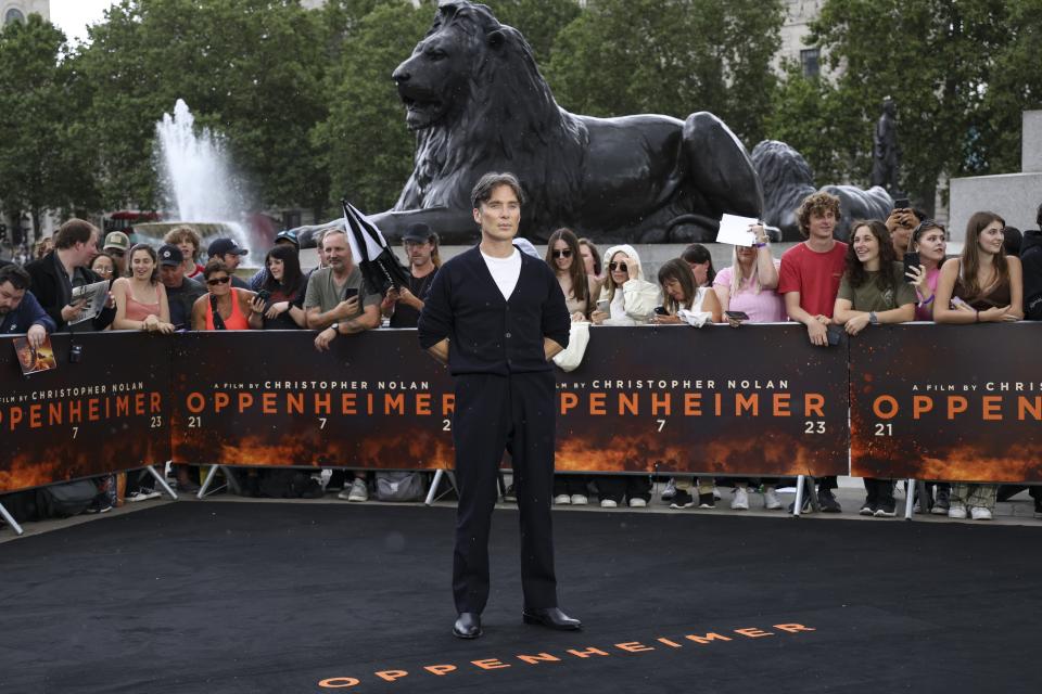Florence Pugh poses for photographers at the photo call for the film 'Oppenheimer' on Wednesday, July 12, 2023 in London. (Vianney Le Caer/Invision/AP)