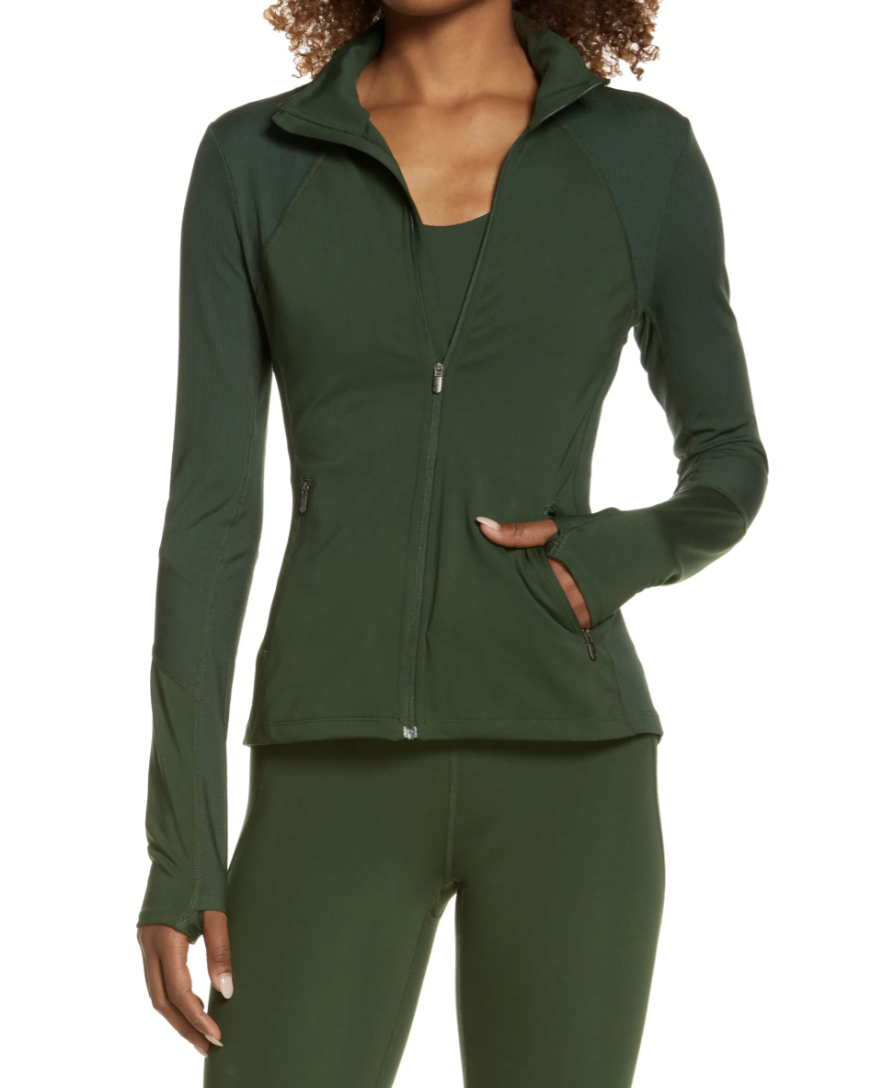 Zella Studio Lite Ribbed Detail Track Jacket in Green Mountain (Photo via Nordstrom)
