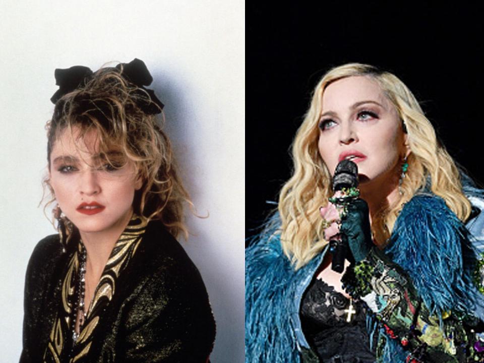 Madonna in a publicity photo for 1985's "Desperately Seeking Susan" and performing in 2017.