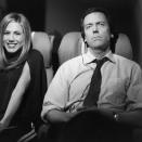 <p> When Rachel decides to fly across the pond for Ross&apos; wedding, she shares the row with British actor, Hugh Laurie, who is less than pleased to be seated next to her. </p>