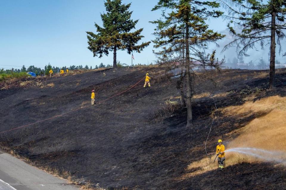 Firefighters work to extinguish a brush fire that spread across a hill around I-5 and S. Hosmer Street and injured one person. They refused to be transported to the hospital and the cause of fire are unknown as of now.
