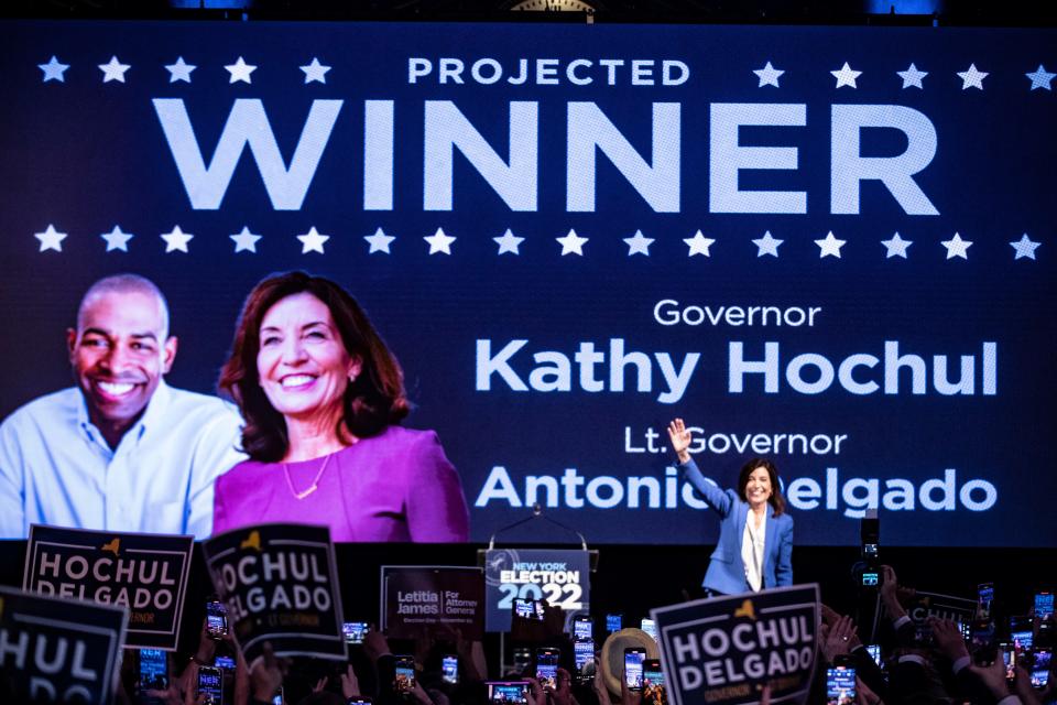 New York State Kathy Hochul waves to supporters after being elected Governor for a full four year term Nov. 8, 2022. Hochul and supporters were gathering at Capitale in Lower Manhattan.