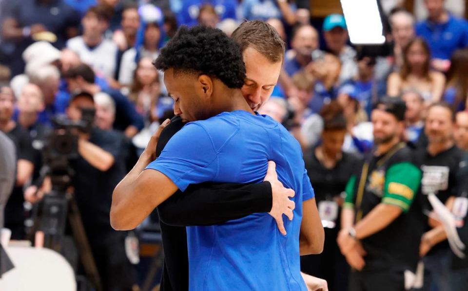 Duke’s head coach Jon Scheyer hugs Jeremy Roach during senior day ceremonies before Duke’s game against UNC at Cameron Indoor Stadium in Durham, N.C., Saturday, March 9, 2024.