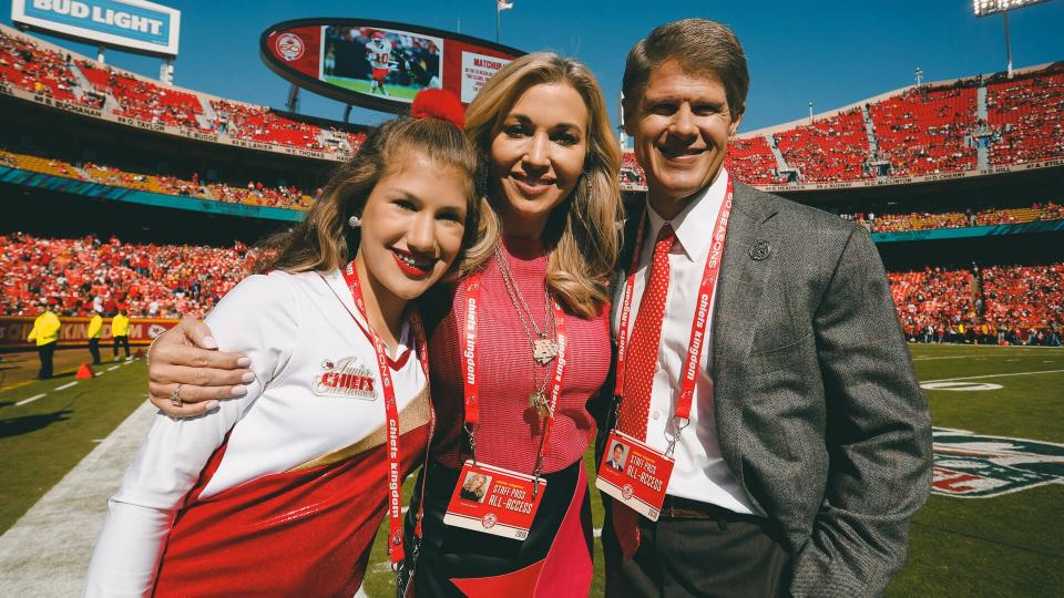 Clark Hunt, owner of the Kansas City Chiefs, his wife Tavia Shackles and their daughter Ava, pose for a photo before an NFL football game between the Kansas City Chiefs and the Houston Texans, in Kansas City, MoTexans Chiefs Football, Kansas City, USA - 13 Oct 2019.