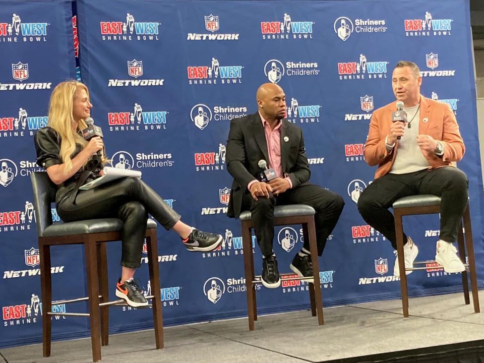 Texas coach Steve Sarkisian, right, joins former NFL All-Pro receiver Steve Smith and the NFL Network's Jane Slater on stage during the East-West Shrine Bowl Hall of Fame induction ceremony Wednesday at the Star in Frisco.