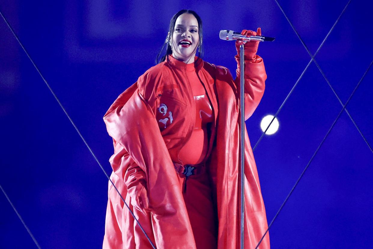 Rihanna performs onstage during the Apple Music Super Bowl LVII Halftime Show at State Farm Stadium on February 12, 2023 in Glendale, Arizona.