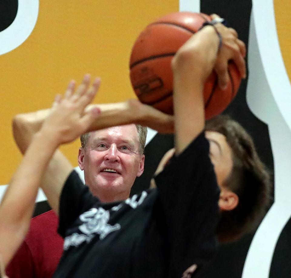 Former Cleveland Cavaliers point guard Mark Price watches as young camp goers play during his basketball skills camp at SWISH 365 Training Center, Wednesday, July 26, 2023, in North Canton, Ohio.