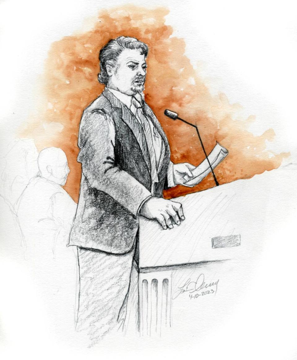 This courtroom sketch depicts defense attorney Jim Archibald speaking during opening statements of Lori Vallow Daybell’s murder trial Monday in Boise.