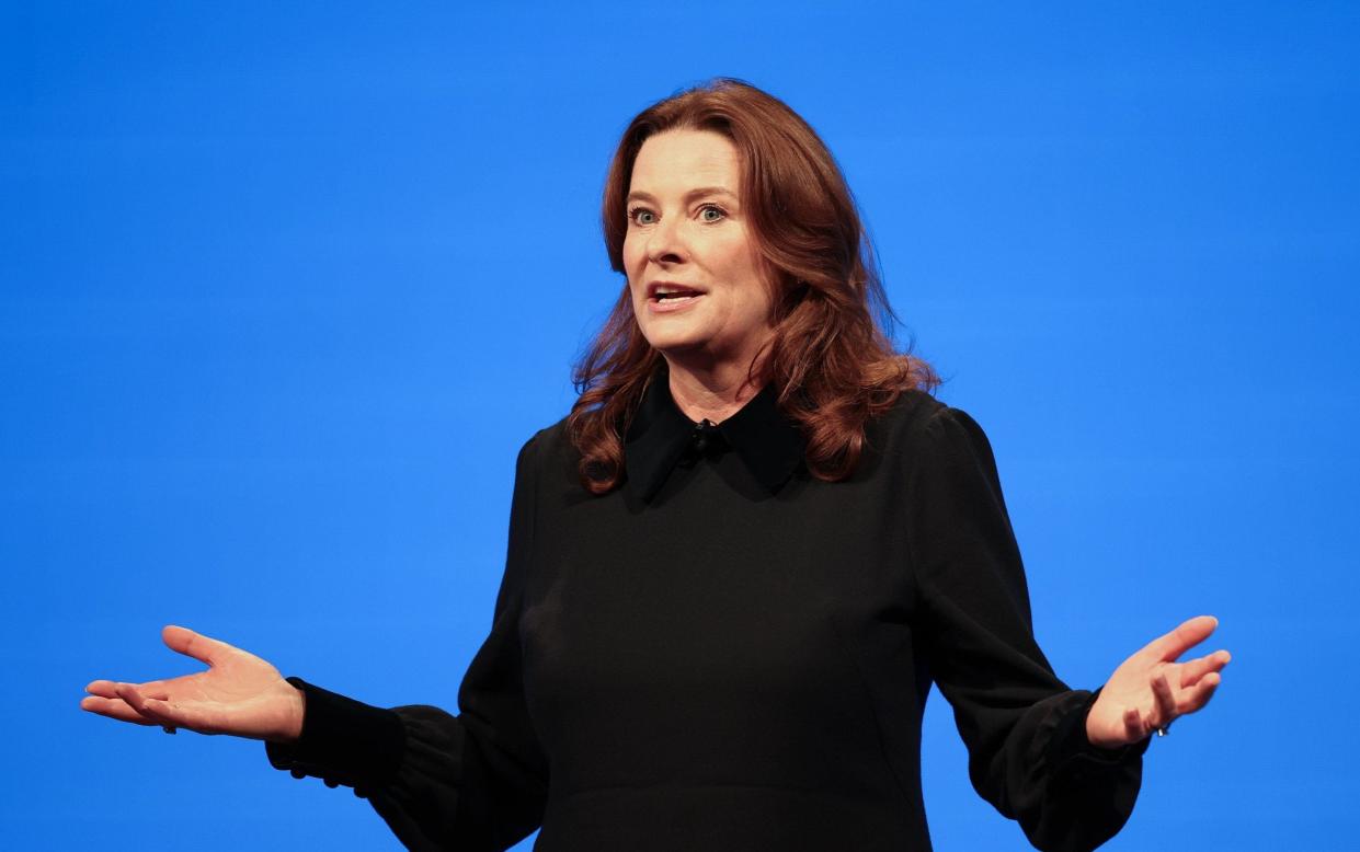 British Secretary of State for Education Gillian Keegan addresses the Conservative Party Conference in Manchester