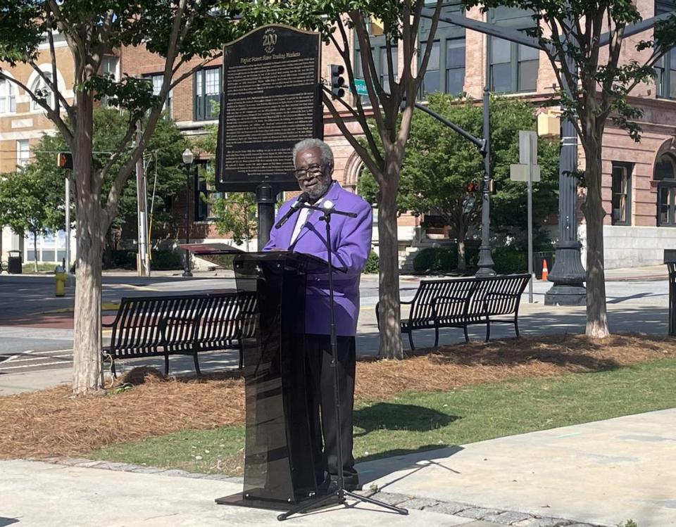 Alex Habersham, founder of Macon-Middle Georgia Black Pages speaks at a press conference Monday for the unveiling of markers dedicated to Macon’s Black history. Courtesy Macon200