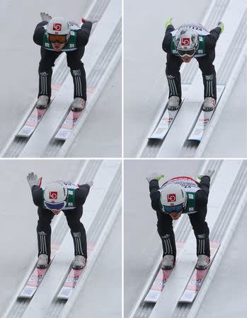 Ski Jumping - Ski Flying World Championships - team trial round - Oberstdorf, Germany - January 21, 2018. A combination photo shows Daniel Andre Tande, Johann Andre Forfang, Andreas Stjernen and Robert Johansson of team Norway in action. REUTERS/Michael Dalder