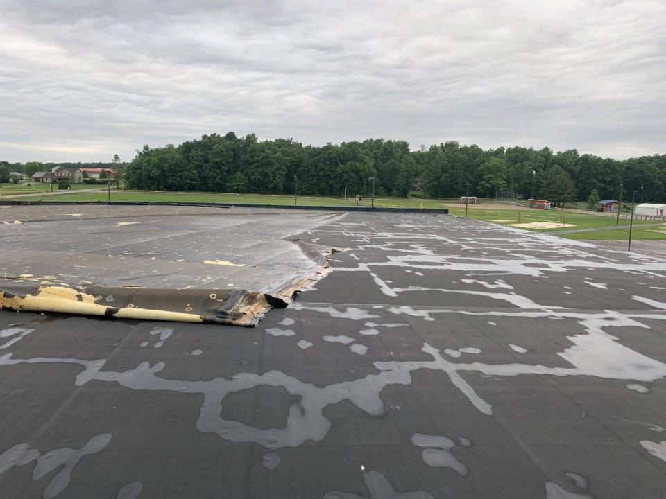 The roof over the Mapleton Middle School gym was damaged by a June storm last year. The entire roof will be replaced this summer after action taken by the school board at a special meeting on Jan. 27.