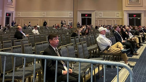 PHOTO: There were rows of empty chairs at the back of the ballroom during former President Donald Trump's speech to CPAC on March 4, 2023. (Lalee Ibssa/ABC News)