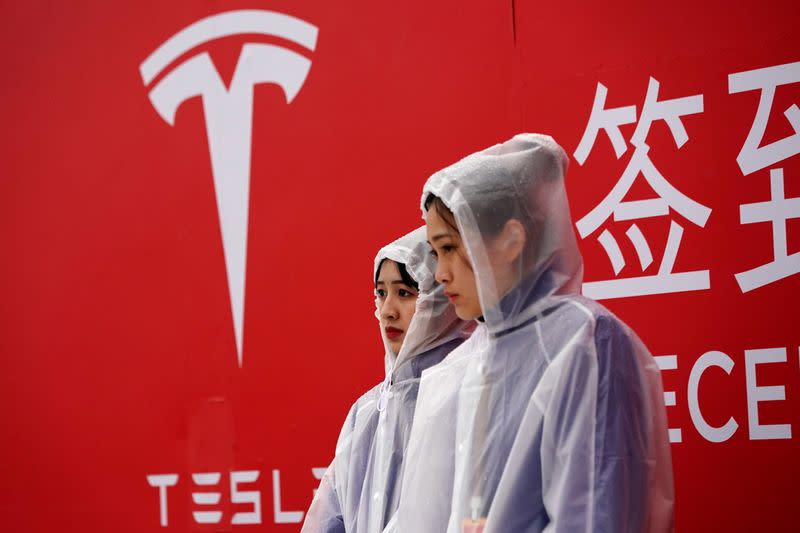 FILE PHOTO: A Tesla logo is seen at a groundbreaking ceremony of Tesla Shanghai Gigafactory in Shanghai