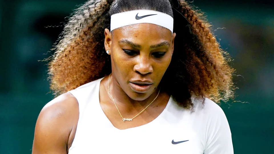 Pictured here, Serena Williams looks sad after an injury at Wimbledon in 2021.