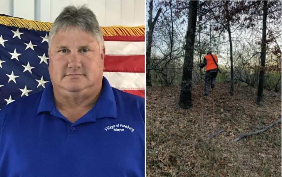 The Illinois Conservation Police issued citations for deer-hunting violations to Freeburg Mayor Seth Speiser, left, and his son, Mitchell Speiser, shown climbing down from a tree stand in an evidence photo taken Nov. 18.
