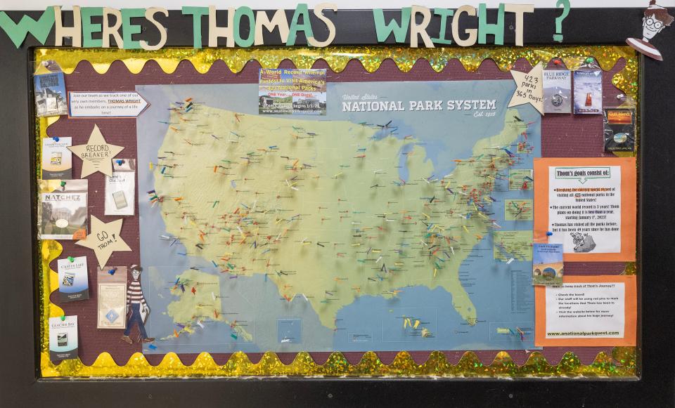 A map of Thomas Wright's travels hangs on a wall at NovaCare Rehabilitation in Hartville.