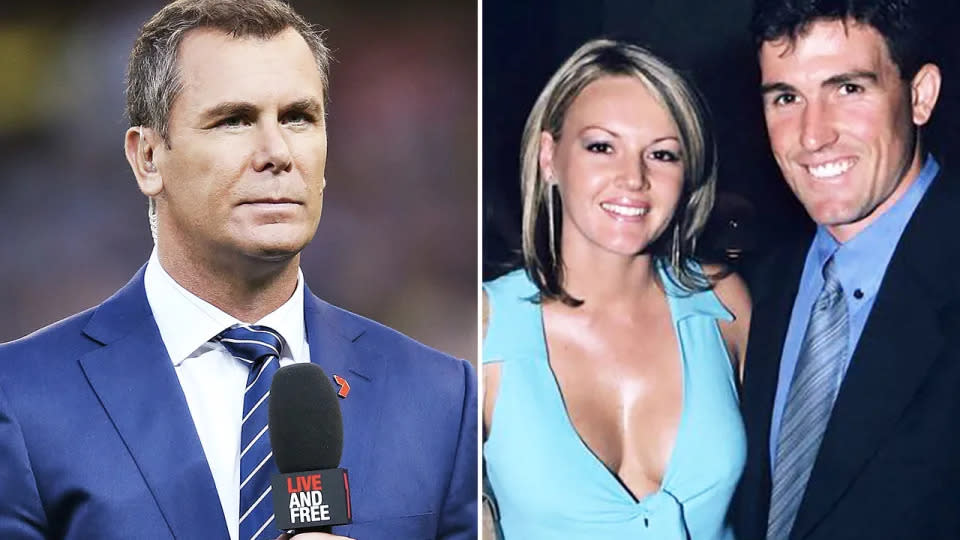 Pictured left is Wayne Carey, with Anthony Stevens and ex-wife Kelli on the right.