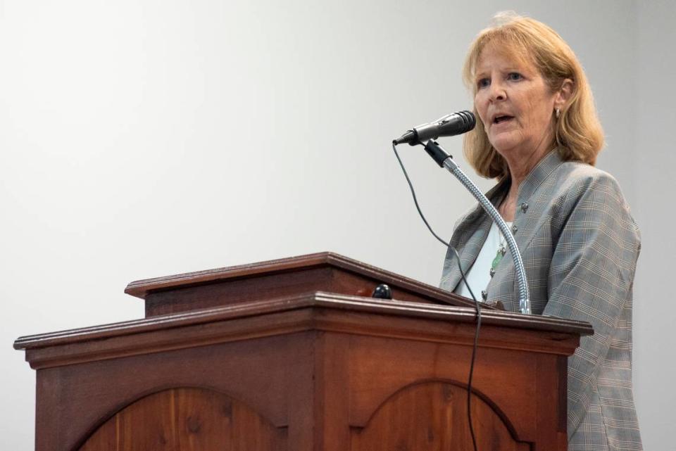 Theresa Ryan, candidate for supervisor district 1 in Hancock County, speaks during an election forum at American Legion in Waveland on Monday, July 10, 2023.