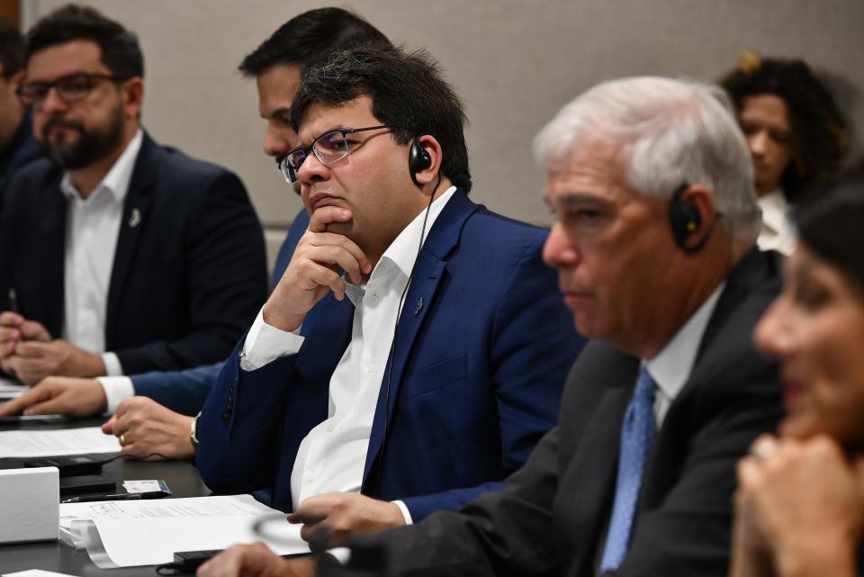 Rafael T. Fonteles, governor of the state of Piaui, Brazil, participates in a roundtable discussion at Worcester Technical High School on Tuesday.