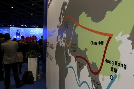 A map illustrating China's silk road economic belt and the 21st century maritime silk road, or the so-called "One Belt, One Road" megaproject, is displayed at the Asian Financial Forum in Hong Kong, China January 18, 2016. REUTERS/Bobby Yip/File Photo