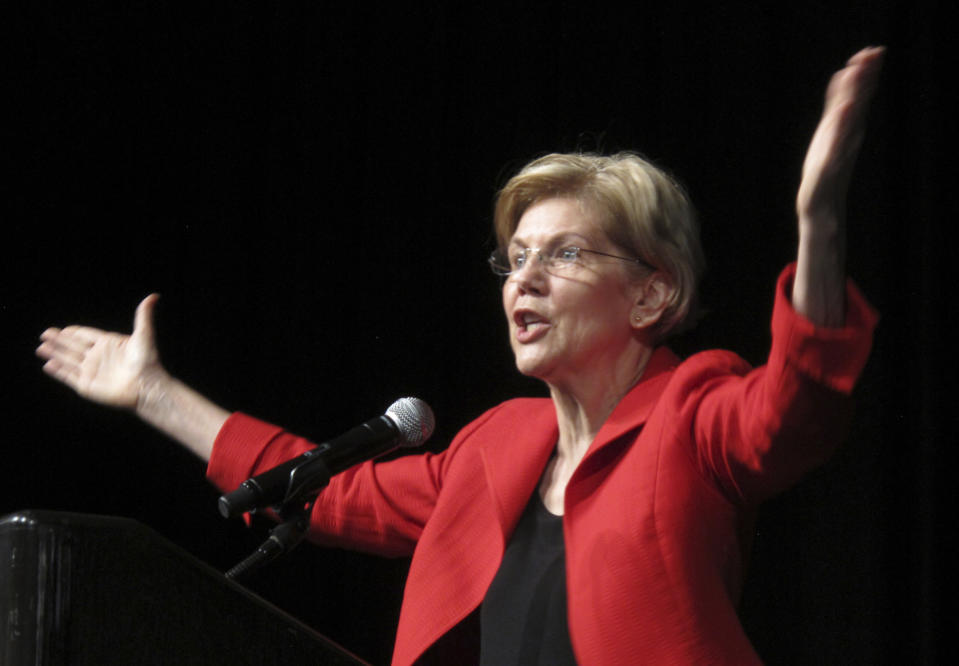 In this June 23, 2018 photo, Sen. Elizabeth Warren, D-Mass., delivers the keynote address to the Nevada Democratic Convention in Reno, Nev. Warren’s plan to pay for Medicare for All without raising middle-class taxes departs from the shared responsibility the U.S. has traditionally required for bedrock programs. (AP Photo/Scott Sonner)