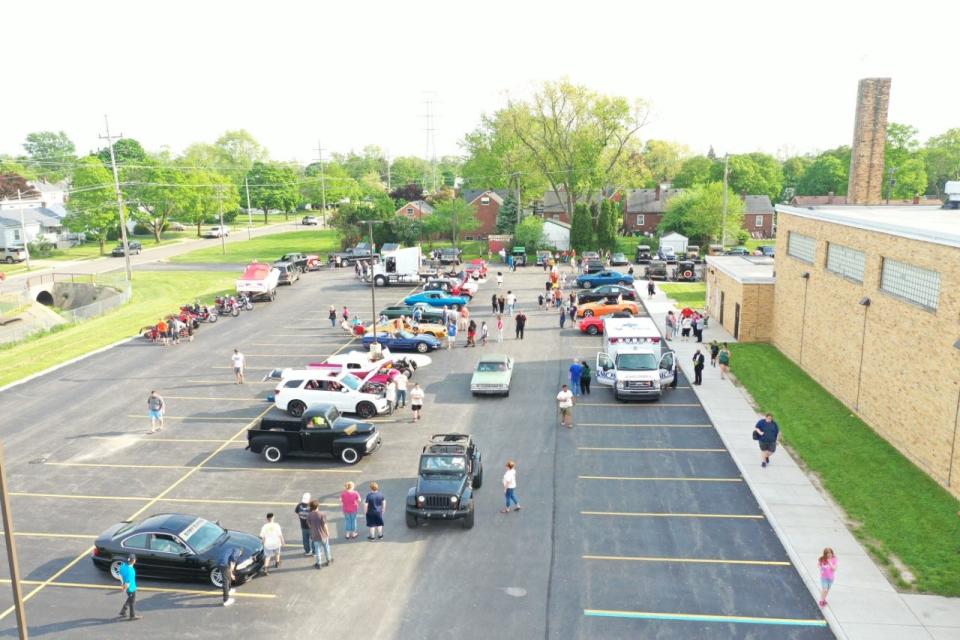 A drone photo shows some of the vehicles in last year's inaugural Transportation Show at Arborwood South Elementary School. The second annual show is May 19.