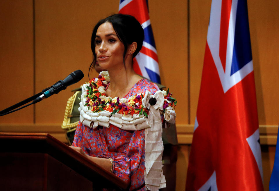 The Duchess of Sussex said a few words about the importance of education at the University of the South Pacific yesterday. Photo: Getty Images