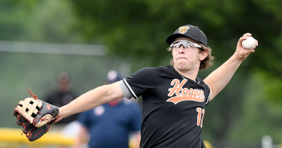 Hoover's Nick Vardavas delivers a pitch in the second inning against Walsh Jesuit in  Div. I Regional Semifinal  at Louisville High School.  Thursday, June 02, 2022