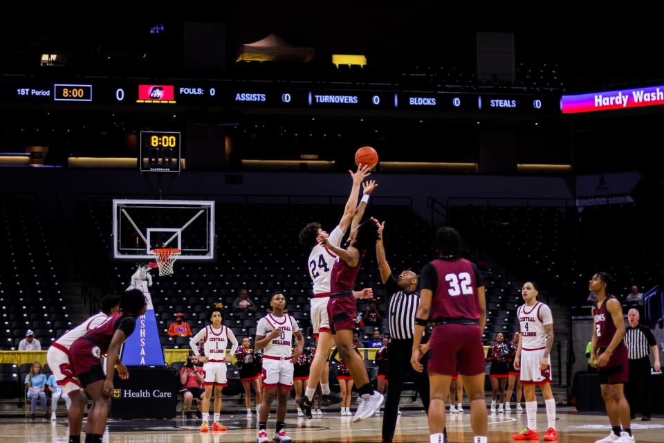 Central and Cardinal Ritter players jump up to catch tip off during the MSHSAA Class 6 semifinal at Mizzou Arena on Mar. 15, 2024, in Columbia, Mo.