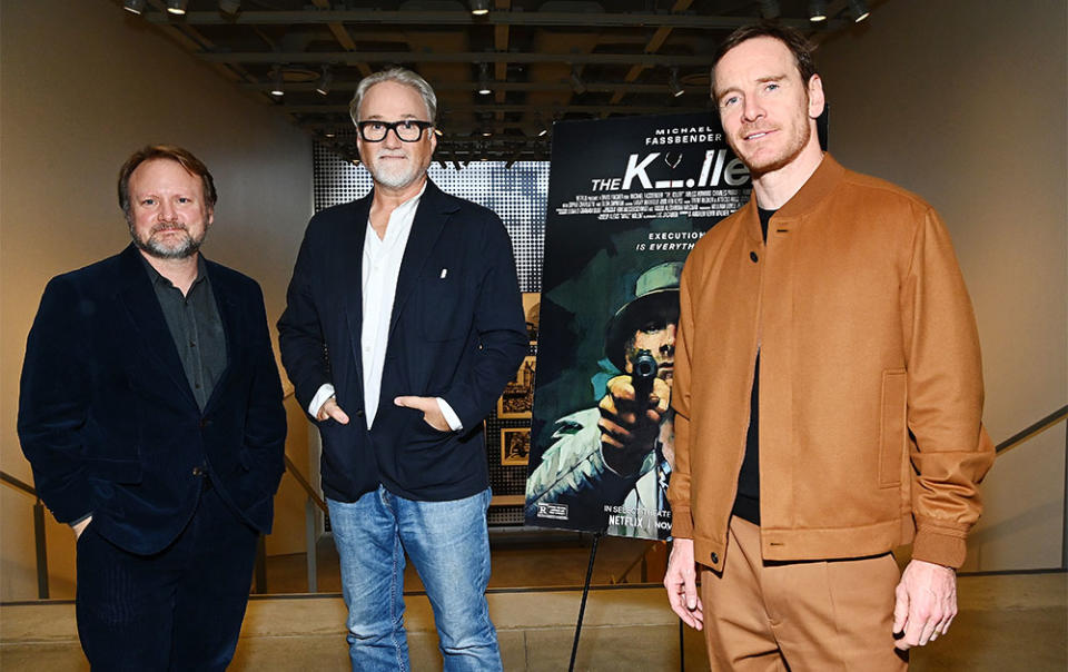 Rian Johnson, David Fincher and Michael Fassbender attend Netflix's The Killer Los Angeles Academy Museum screening at Academy Museum of Motion Pictures, Ted Mann Theater on November 15, 2023 in Los Angeles, California.