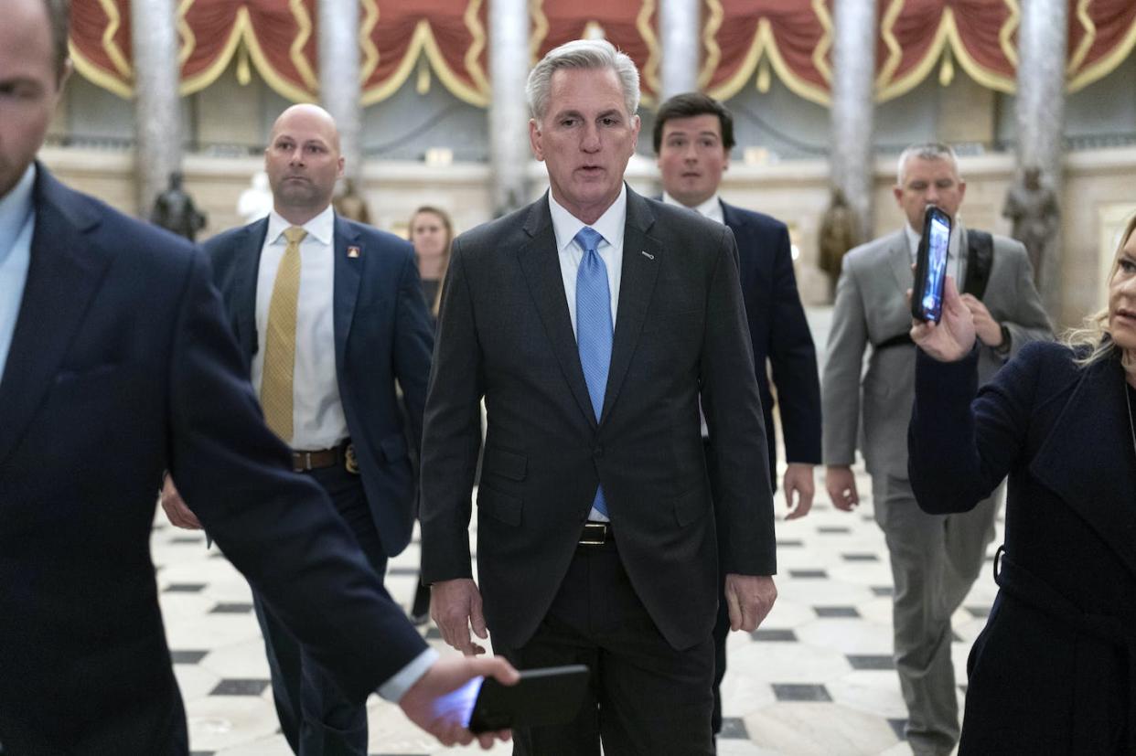 Speaker of the House Kevin McCarthy walks to the speaker's ceremonial office at the Capitol on Jan. 9, 2023. <a href="https://newsroom.ap.org/detail/Congress/b9c29b908c04433fb3b7438eb8427703/photo?Query=Kevin%20McCarthy&mediaType=photo&sortBy=arrivaldatetime:desc&dateRange=now-14d&totalCount=722&currentItemNo=23" rel="nofollow noopener" target="_blank" data-ylk="slk:AP Photo/Jose Luis Magana;elm:context_link;itc:0;sec:content-canvas" class="link ">AP Photo/Jose Luis Magana</a>
