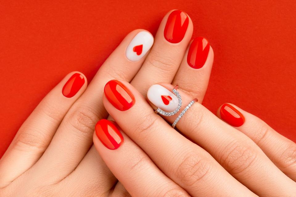 valentines day nail ideas red white heart accents