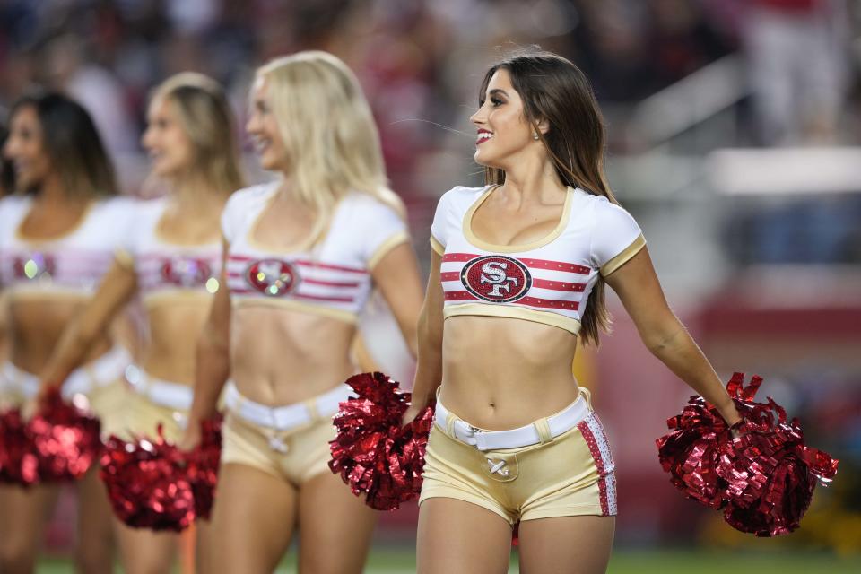 Oct 8, 2023; Santa Clara, California, USA; San Francisco 49ers cheerleaders perform before the fourth quarter against the Dallas Cowboys at Levi’s Stadium. Mandatory Credit: Darren Yamashita-USA TODAY Sports