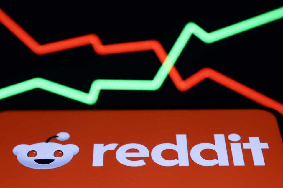 Reddit logo with stock fever lines going up and down in the background