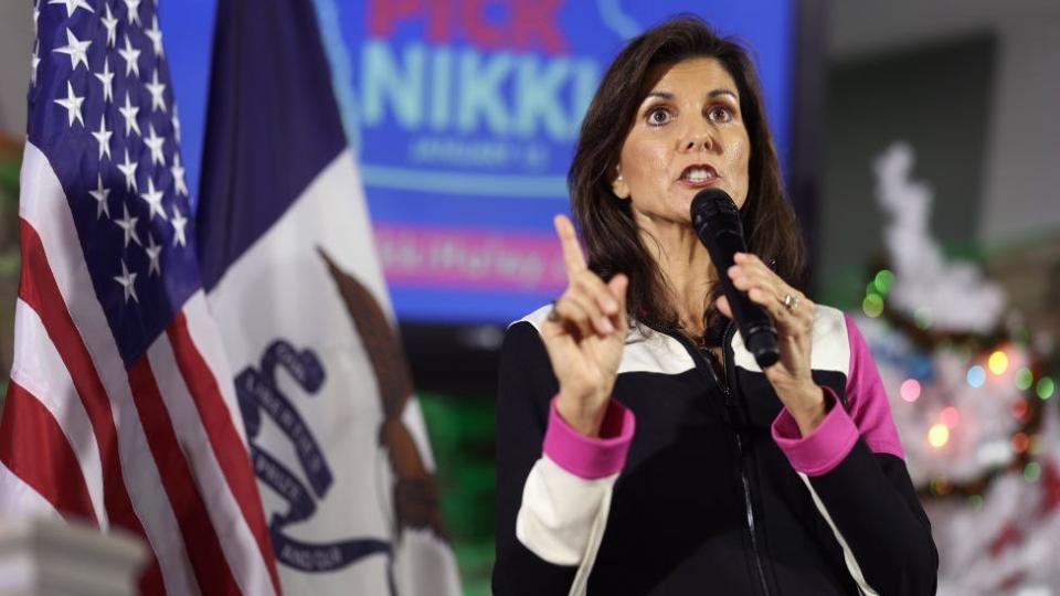 Nikki Haley speaks to a crowd in Iowa