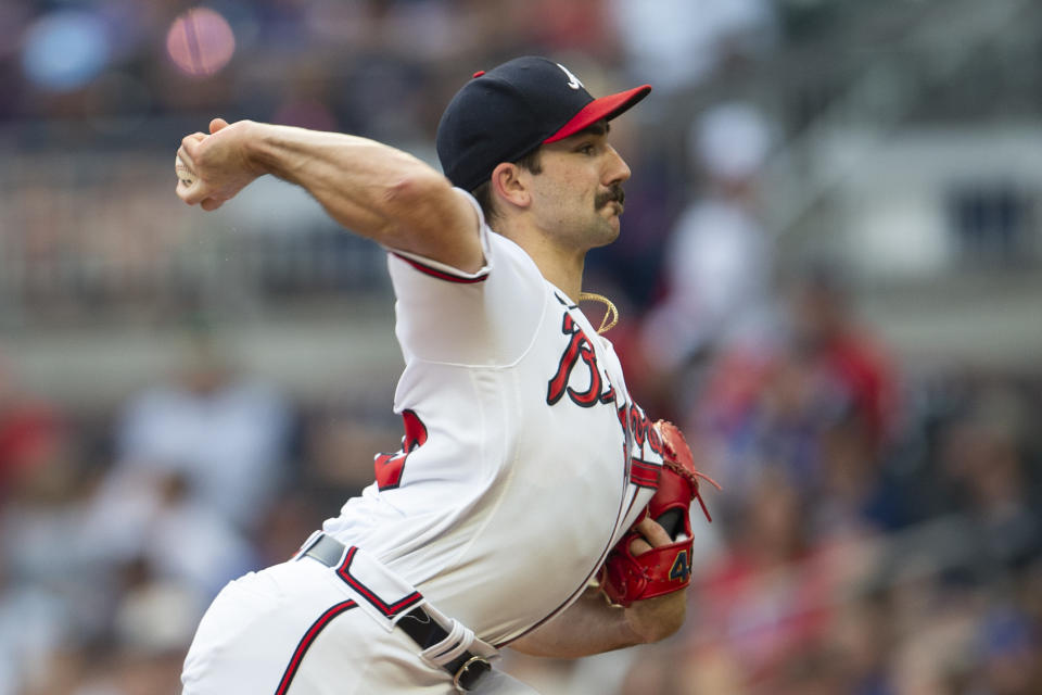 Atlanta Braves starting pitcher Spencer Strider (65) throws in the first inning of a baseball game against the Houston Astros on Saturday, Aug. 20, 2022, in Atlanta. (AP Photo/Hakim Wright Sr.)