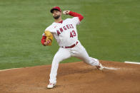 Los Angeles Angels starting pitcher Patrick Sandoval (43) throws during the first inning of a baseball game against the Cleveland Indians Monday, May 17, 2021, in Los Angeles. (AP Photo/Ashley Landis)