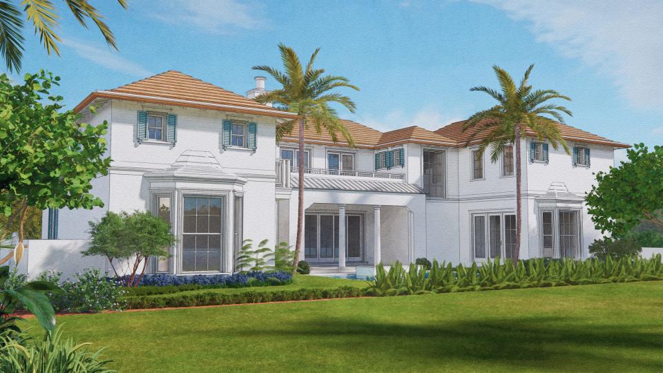 A rendering shows the rear of a house recently approved, with a few changes, by the Palm Beach Architectural Commission for a vacant lot at 220 Arabian Road near the inlet on the northern tip of the island.